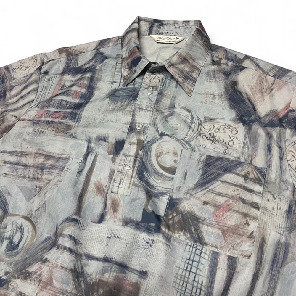 Lilly Dache Vintage Mens Polo Shirt Size XL Collar 70s 80s Art Abstract Print